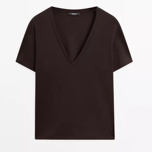 Massimo Dutti Short Sleeve V Neck Tee in Black
